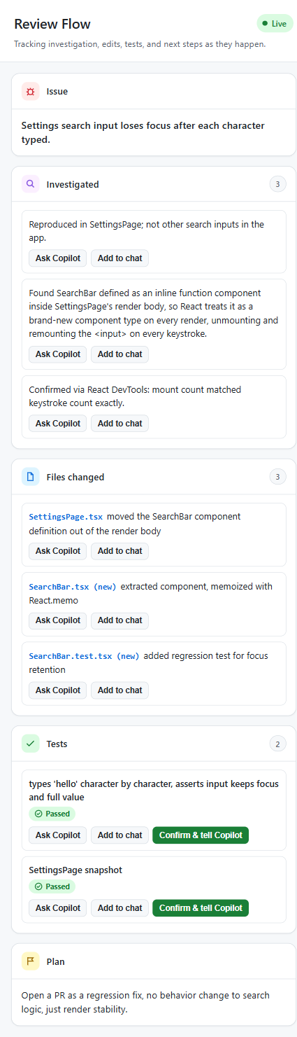 Review Flow canvas resized to side-panel width after an /impeccable pass, showing full investigation notes, file names, and test names wrapping cleanly with correctly sized pass/fail icons
